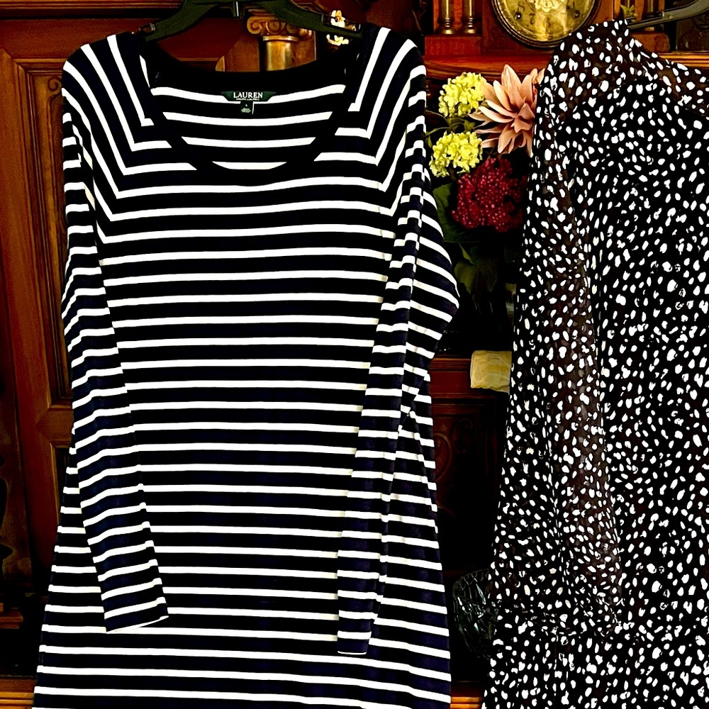 Ralph Lauren t-shirt,comfy dress. LS, Navy Blue & White Striped, Office, Date,